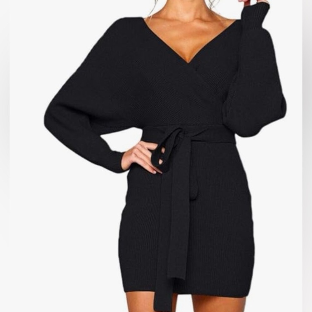 Black Long Sleeve Wrap Sweater Dress -Size M - only worn one time